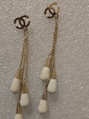 Gold-Tone Drop Earrings with White Teardrop Beads